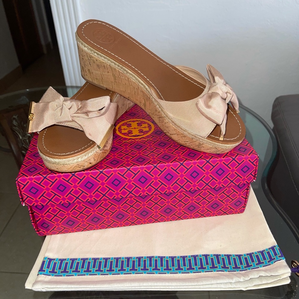 TORY BURCH / PENNY GROSGRAIN CORK WEDGE SLIDES
